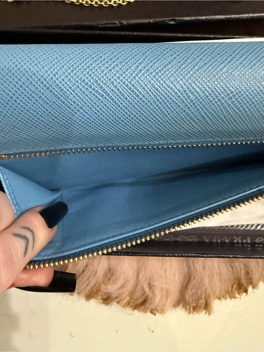 Prada Saffiano Lux Bow Continental Wallet Light Blue Gold Hardware W/ Chain Card - Picture 14 of 16
